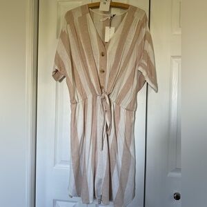 MELISSA NEPTON Beige and White Striped Midi Dress